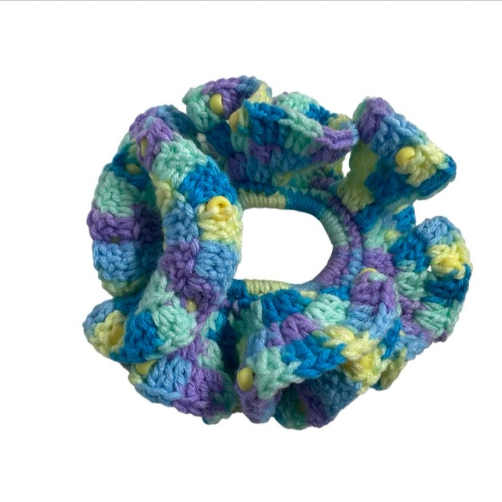 Handcrafted Colorful Yarn Crochet Pony Bead XL Large Scrunchie Hair Accessory